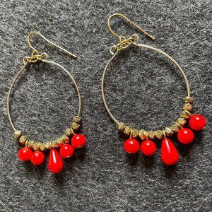 Anthropologie Red and Gold Dangle Earrings
